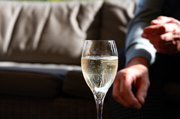 WIne tasting. Production of cremant sparkling wine in south part of Luxembourg country on bank of Moezel, also known as Mosel, Moselle or Musel river.