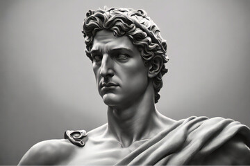 Naklejka premium Portrait of a plaster statue of Apollo isolated on black. Gypsum statue of Apollo's bust. Greek god statue. Male statue of a Roman deity, muscular Apollo in Olympus.
