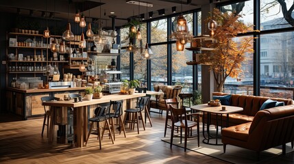 cozy modern cafe with a wooden interior, large windows and an atmosphere to show the best coffee establishments in the city, generative AI