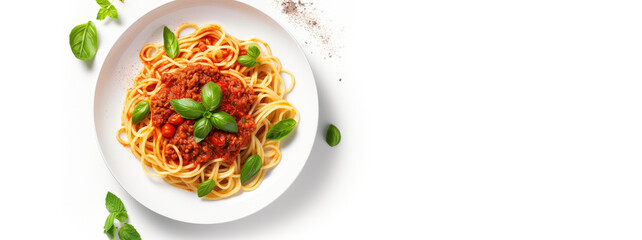 Top view of Italian pasta with tomato and basil in a white plate on a white background.
