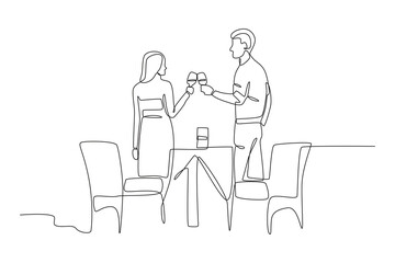 Lovers cheer a glass of alcohol. Candle light dinner one-line drawing