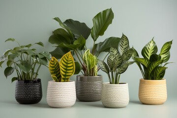 Tactile Houseplants ceramic pots. Tropical leaves. Generate Ai
