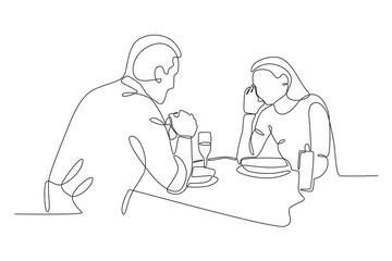 Lovers talk romantically at dinner. Candle light dinner one-line drawing