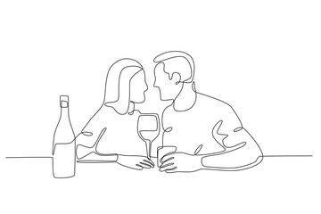 A couple looked at each other at dinner. Candle light dinner one-line drawing