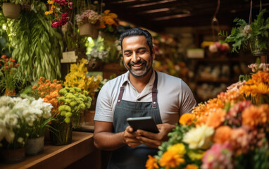 indian man managing flower at shop with digital tablet