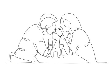 A man kisses his girlfriend's hand. Candle light dinner one-line drawing