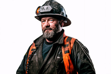Fototapeta premium Miner in work clothes and protective helmet standing near pieces of coal on a white background, symbolizing the mining industry. 