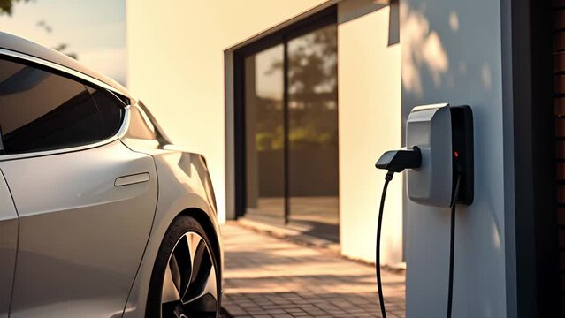 Power supply for electric car charging. Electric car charging station. Close up of the power supply plugged into an electric car being charged. sunlight