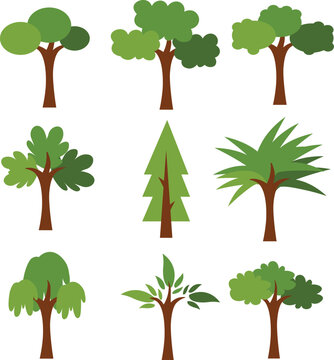 simple flat style 5 set green trees illustration