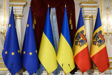 The national flags of Ukraine, Moldova and the flags of the European Union during a diplomatic...