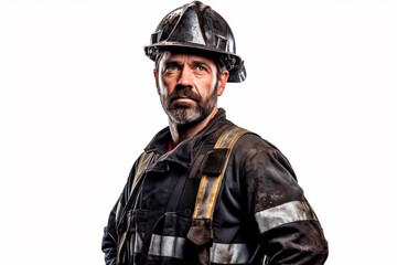 Fototapeta premium Miner in work clothes and protective helmet standing near pieces of coal on a white background, symbolizing the mining industry. 