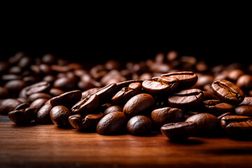Coffee beans on a rustic wooden table, creating a simple and inviting scene for coffee enthusiasts