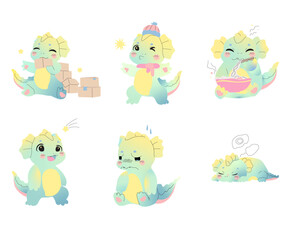 Set of cute cartoon baby crocodile with different emotions. Vector illustration.