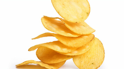Chips de pomme de terre croustillante sur un fond blanc. Nourriture, gras, casse-croûte. Pour conception et création graphique. - obrazy, fototapety, plakaty