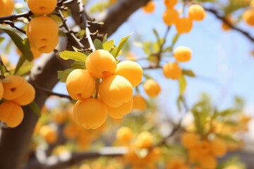 Majestic apricot tree adorned with plentiful ripe fruits in a serene and idyllic orchard landscape