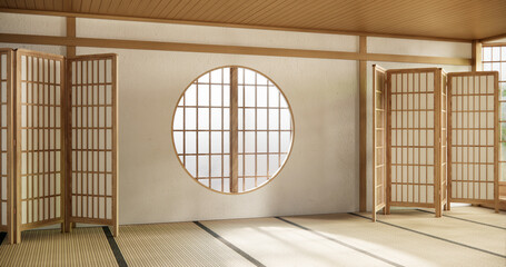 Fototapeta premium Circle window japan style on Empty room minimalist room interior,