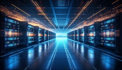 Captivating depiction of a modern data center with advanced server racks emitting a serene blue glow - obrazy, fototapety, plakaty