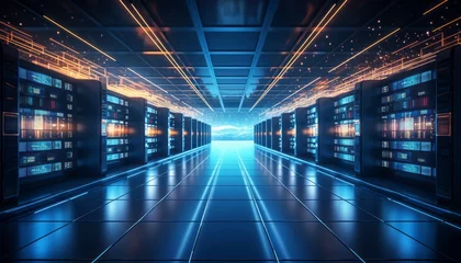 Tapeten Captivating depiction of a modern data center with advanced server racks emitting a serene blue glow © Ilja