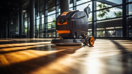 Office floor cleaning service with detailed person, bright shot with blurred background