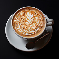 Fotografia con detalle y textura de taza de cafe con dibujo en la crema, sobre fondo de color negro - obrazy, fototapety, plakaty