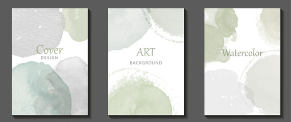 Abstract watercolor vector art background set for cards, flyer, poster, banner and cover design. Grey and olive colors watercolor stains on white background. Vintage pastel colors illustration.