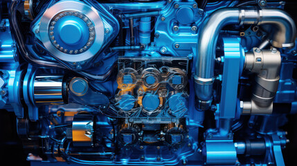 Power in Detail, Close-Up of a Blue Hybrid Engine - A Technological Marvel in Captivating. - obrazy, fototapety, plakaty