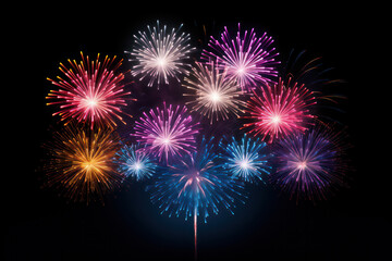 Fototapeta premium Night Sky Extravaganza, Colorful Fireworks Illuminate the Darkness, Isolated on Black Background.