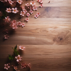 Fondo con detalle y textura de superficie de madera de tonos calidos, con varios flores de tonos rosados