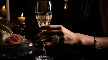 Opulence Embodied in Excessive Luxury Lifestyle. A hand bedecked with lavish jewelry holds a decorated champagne flute, epitomizing the extravagance of a snobbish luxury lifestyle. - obrazy, fototapety, plakaty