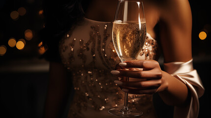 Elegant Evening Gown and Champagne Toast. A woman's hand holding champagne glass, featuring sparkling ring and a glittering dress, evokes a sense of luxury and celebration. - Powered by Adobe
