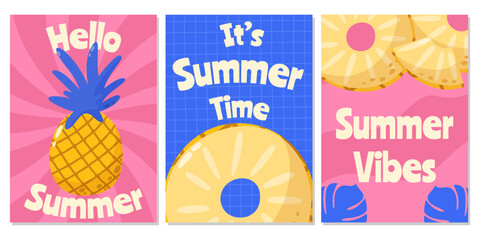Set of retro bright abstract posters with pineapple. Summer trendy vector illustration with season text. For banner, card, flyer, web design, a4 format.