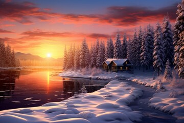 A realistic image of a winter landscape, with snow-covered trees, a frozen lake, and a cozy cabin in the distance. Generative AI