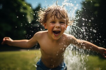 A realistic image of a young child running through a sprinkler on a hot summer day, with water droplets flying all around. Generative AI