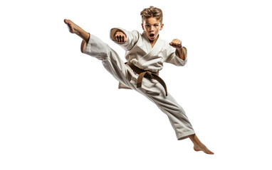 Teenager Executing Karate Kick in Authentic Photo Isolated on Transparent Background PNG. - obrazy, fototapety, plakaty