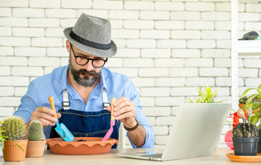 Hipster elderly men learn to take care of plants online with laptop, a hobby of urban home gardening after sustainable retirement