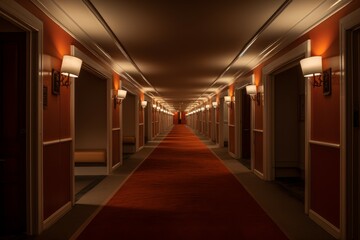 Carpeted Interior long hotel corridor. Wall door floor. Generate Ai