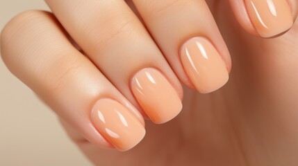 Elegant Manicured Female Hand Close-up. Close-up view of a womans hand with elegant nude Peach Fuzz manicure, showcasing clean beauty and nail care. - obrazy, fototapety, plakaty