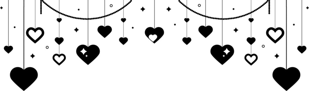 Black heart icons set. Valentine's day decoration. Valentine's day seamless banner or border. Hanging hearts seamless border. Hearts garland.