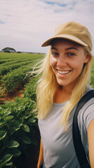 A beautiful woman takes a selfie photo in the countryside, Generative AI