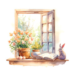 Spring windowsill landscape scene with Spring objects like books, vase with flowers, bunny cottage ore look