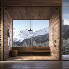 Fotografia con detalle de sauna con acabado de madera y vistas a montaña nevada