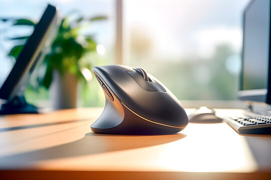 Ergonomic vertical computer mouse on workplace. AI generated