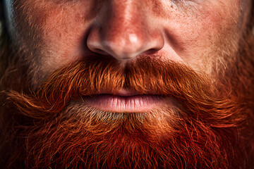 Red mustache and beard of a man close up. AI generated