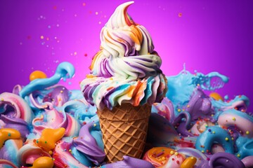 Ice cream melting in a waffle cone, bright and colorful background, product photography, whimsical and playful. Generative AI