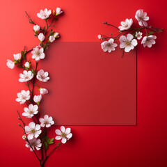 Fotografia con detalle de folio de color rojo, sobre fondo rojo y flores decorativas - obrazy, fototapety, plakaty
