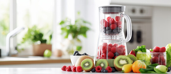 Fresh ripe fruits and berries for healthy breakfast drink with blender mixer on light kitchen table.AI Generative - obrazy, fototapety, plakaty