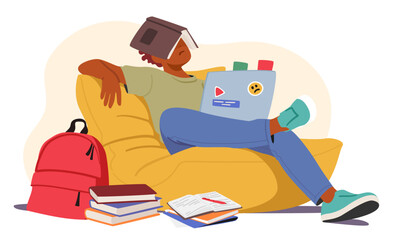 Tired Student Boy Sits With A Laptop, Surrounded By Towering Stacks Of Books, Feeling Overwhelmed, Vector Illustration