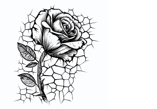 Black and white image of a rose with thorns, tattoo or sticker on a white background
