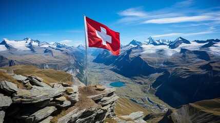Spectacular view of switzerlands flag flying high above the picturesque mountain range