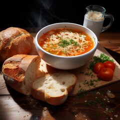 tomato soup with cheese next to bread 